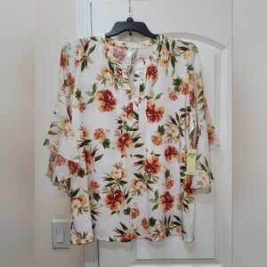 Perseption Floral Blouse with Orange and Green Accents